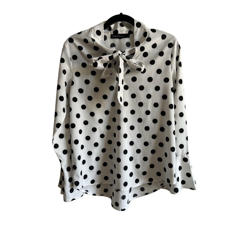 Women's Zanzea Blouse Top Size Small White Black Polka Dot